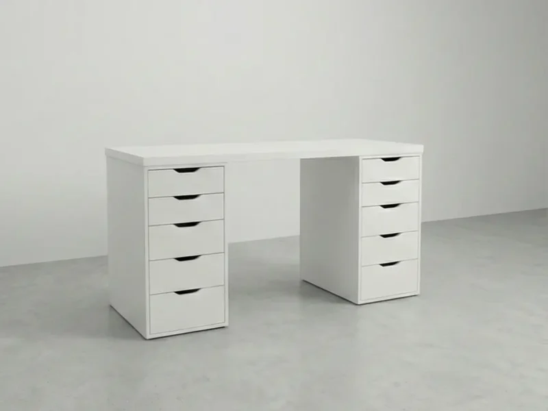 Double drawer vanity desk with two 5-drawer units and a large white tabletop.