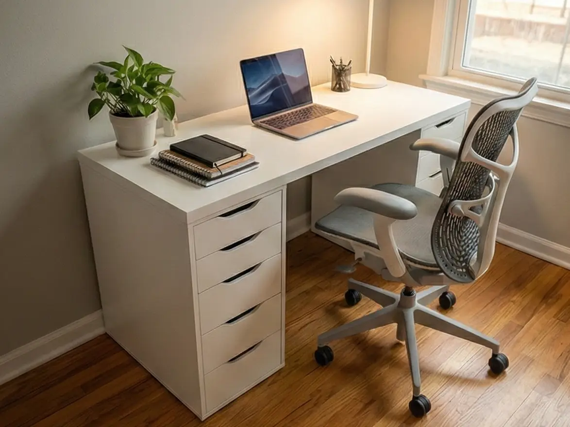 Furnotix white Alex style desk setup in a home office with chair and laptop.