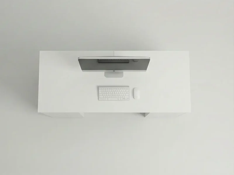 Top down view of white minimalist computer desk showing keyboard and mouse space.