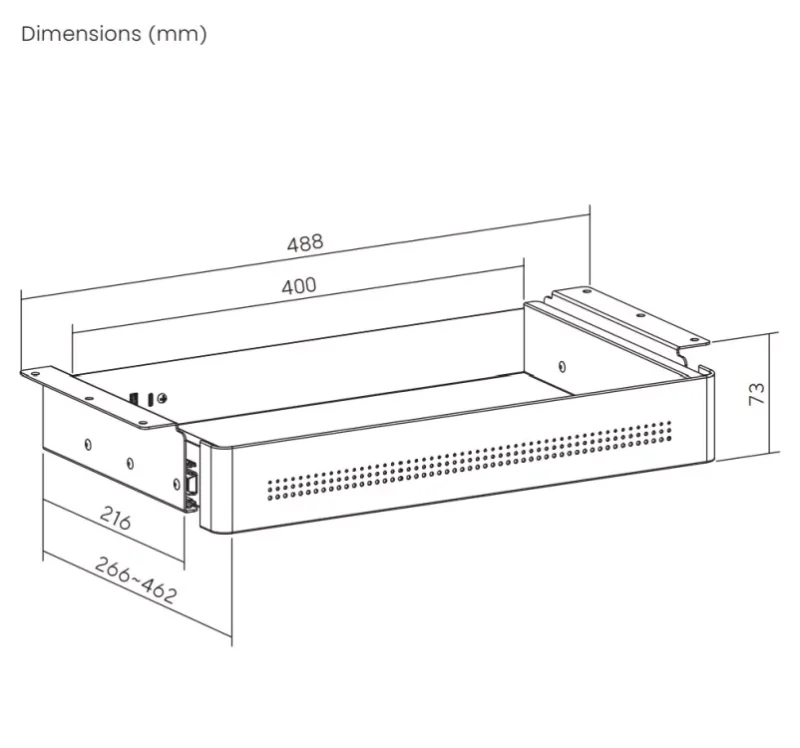 Diagram showing compact 10 inch depth and 40 cm width of the small drawer.