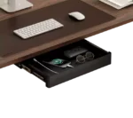 Compact pull out tray holding a phone, sunglasses, and wallet under a wooden desk.