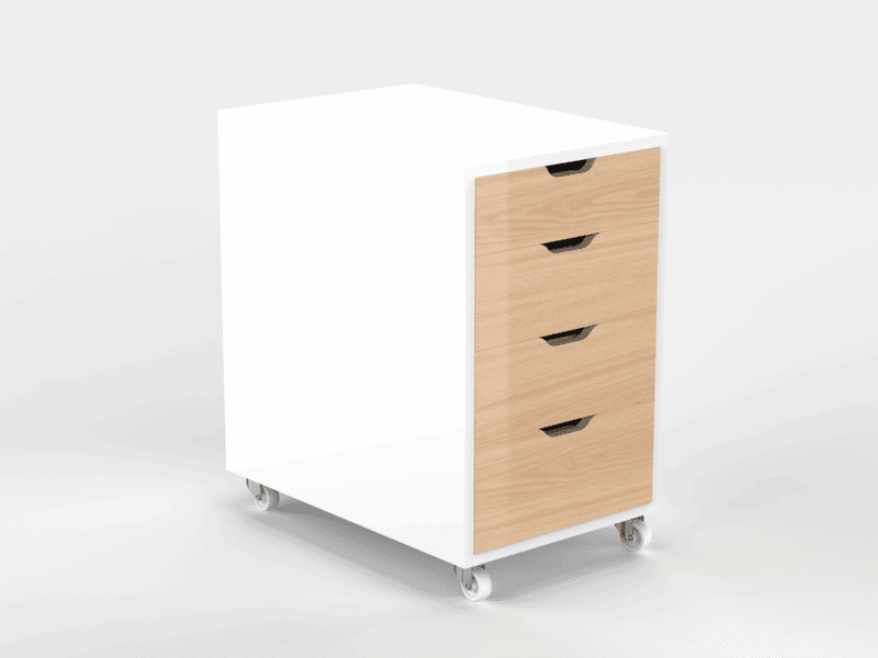 Rolling 4 tier storage cabinet for office files, white and light wood.