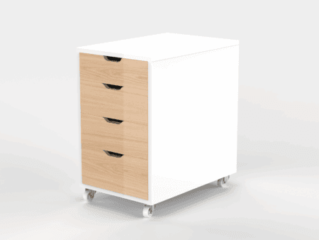 Rolling 4 tier storage cabinet for office files, white and light wood.