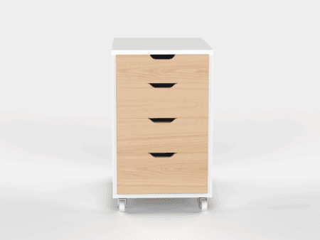 Furnotix white 4 drawer storage trolley with light wood face on casters.