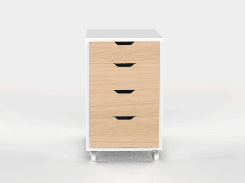 Furnotix white 4 drawer storage trolley with light wood face on casters.