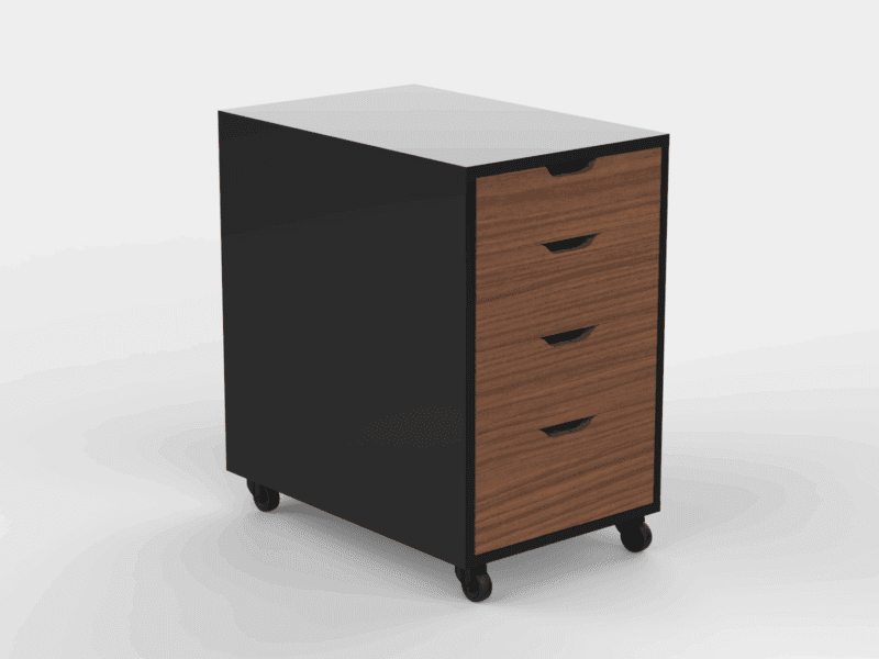 Tall wooden office cabinet with 4 drawers and wheels in dark texture.
