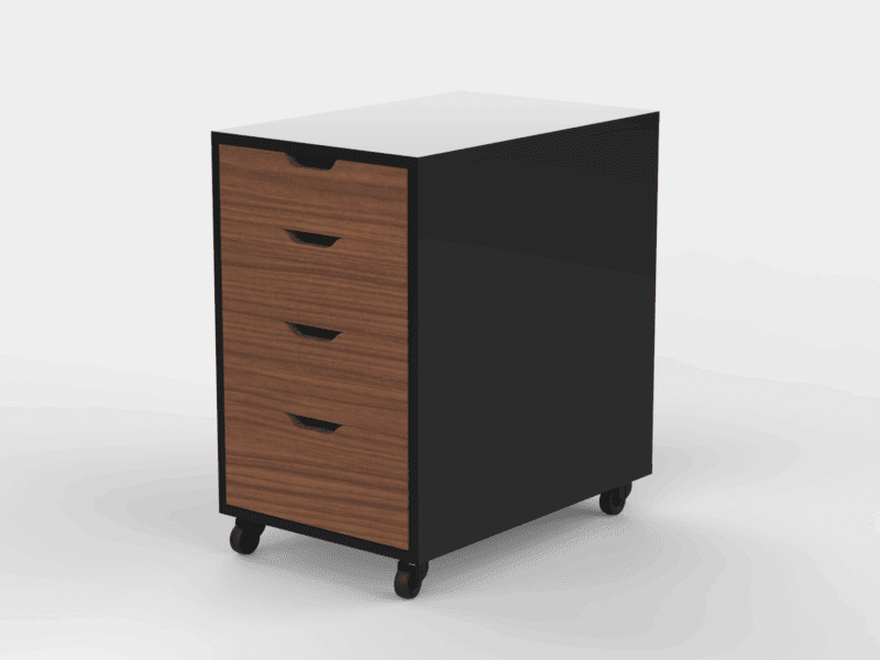 Tall wooden office cabinet with 4 drawers and wheels in dark texture.
