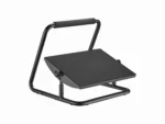 Black adjustable footrest with steel frame and padded leg support bar.