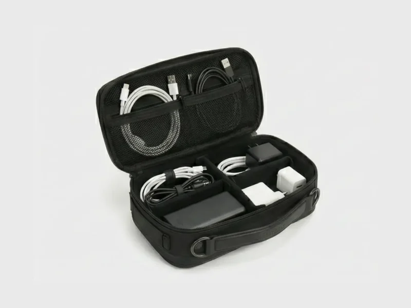 Inside view of electronics organizer bag showing cables, charger, and power bank storage.