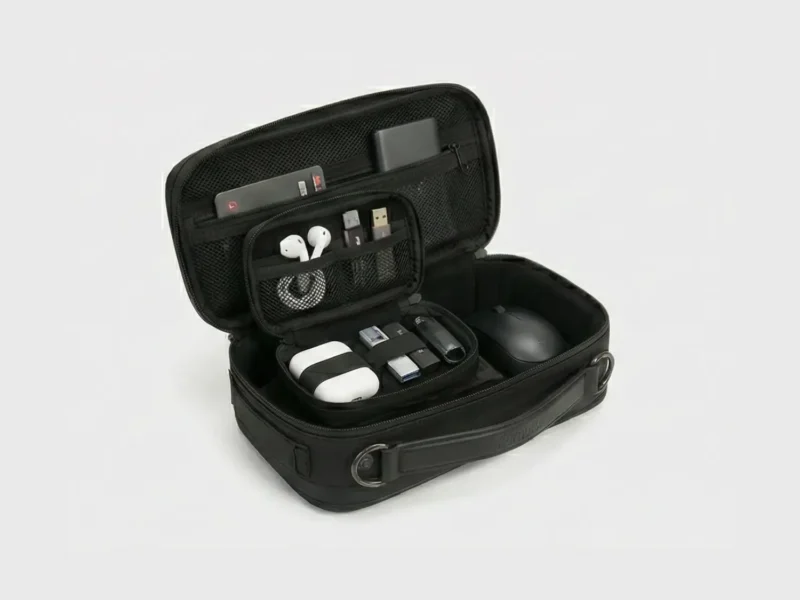 Inside view of electronics organizer bag showing cables, charger, and power bank storage. (1)