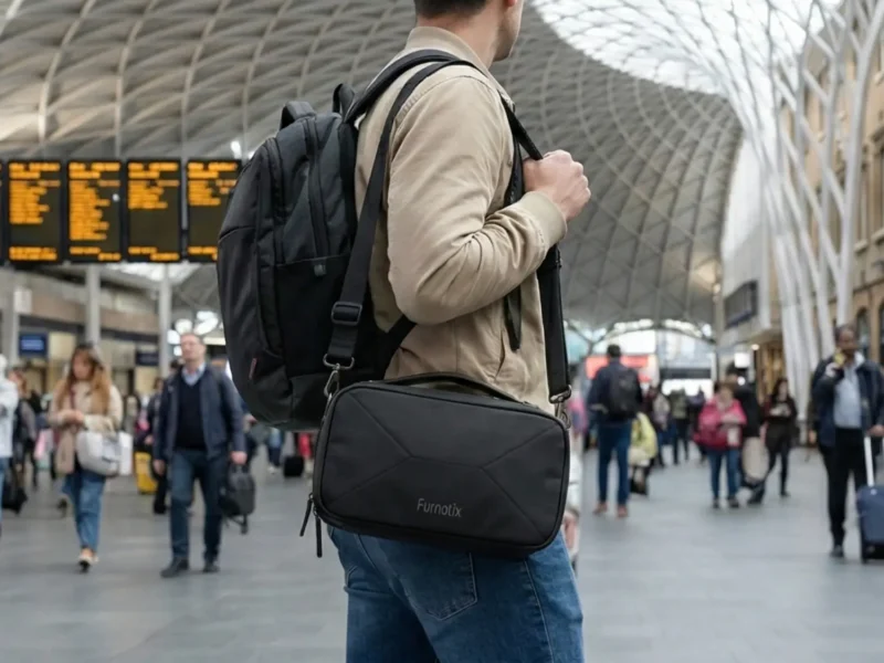 Man wearing furnotix tech pouch on shoulders