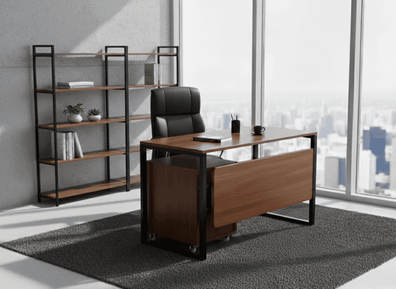 Furnotix manager desk with dark wood top, powder-coated black steel frame, and a rolling 3-drawer cabinet. Ergonomic and minimalist design.
