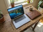 Minimalist leather laptop case protecting a silver MacBook.