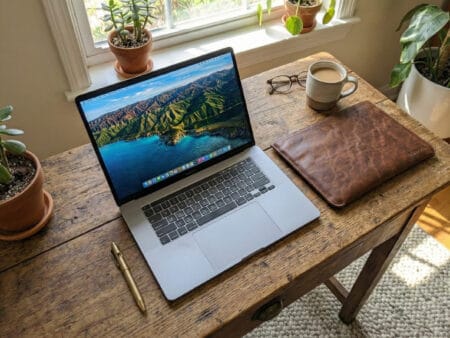 Minimalist leather laptop case protecting a silver MacBook.