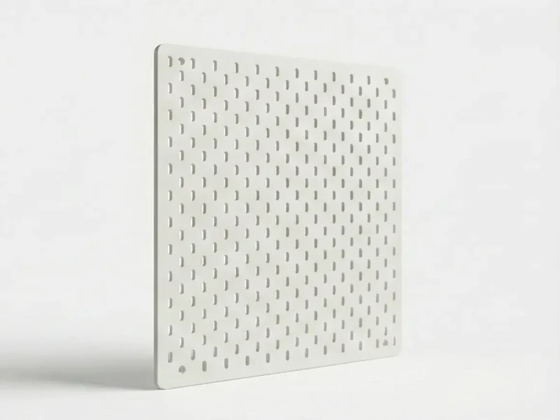 Tilt view of Furnotix white modular pegboard panel 19x20 inches with vertical slots.