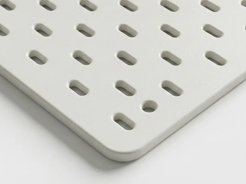 Close up view of Furnotix white modular pegboard panel 19x20 inches with vertical slots.