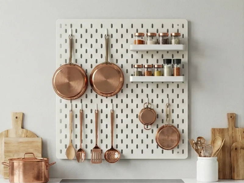 Kitchen wall storage using pegboard for pans, spoons, and spice jars.