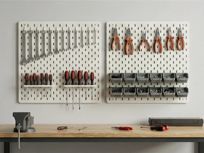 Tool organization wall panel holding pliers, screwdrivers, and bins.