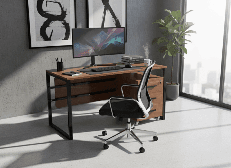 Furnotix manager desk with dark wood top, powder-coated black steel frame, and a rolling 3-drawer cabinet. Ergonomic and minimalist design.