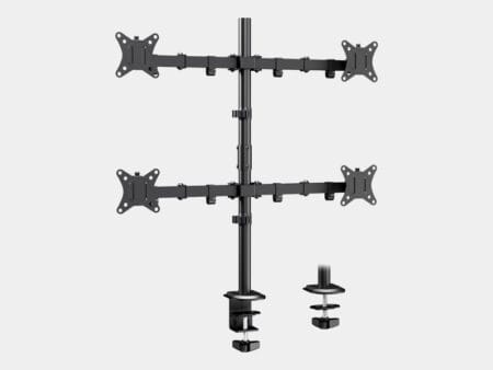 Furnotix quad monitor stand with black steel arms for 4 screens.