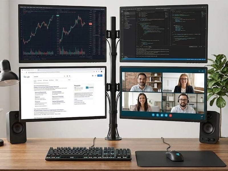 Full 2x2 grid monitor setup using Furnotix stand.