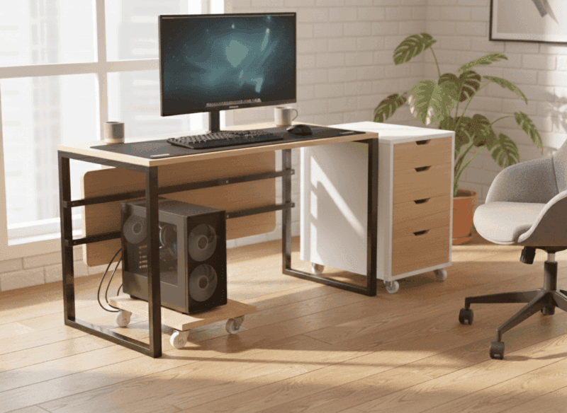 Furnotix office setup showing PC tower on wooden trolley under the desk.