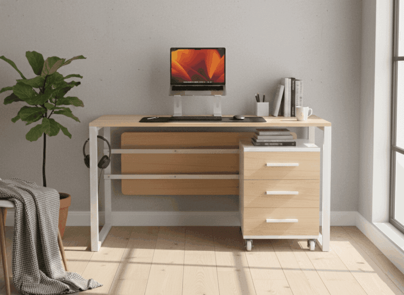 Furnotix manager desk with light wood top, powder-coated white steel frame, and a rolling 3-drawer cabinet. Ergonomic and minimalist design.
