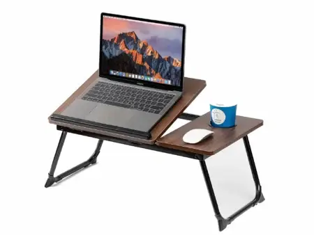 Furnotix adjustable laptop bed table with dark wood finish and cup holder on white background.