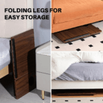 Folded laptop tray stored under a sofa and bed showing compact design.