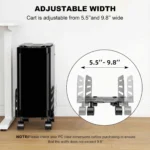 Diagram showing adjustable width range of 5.5 to 9.8 inches for PC tower stand.