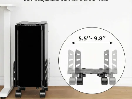 Diagram showing adjustable width range of 5.5 to 9.8 inches for PC tower stand.