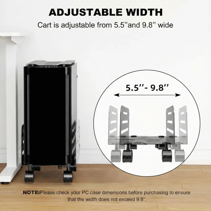 Diagram showing adjustable width range of 5.5 to 9.8 inches for PC tower stand.