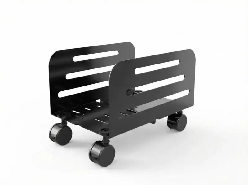 Furnotix matte black adjustable CPU holder with wheels and vented bottom design.