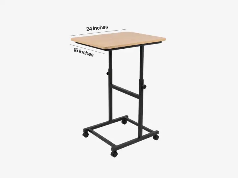 Furnotix height adjustable laptop table maximum height of 30 inches featuring revolving caster wheels.
